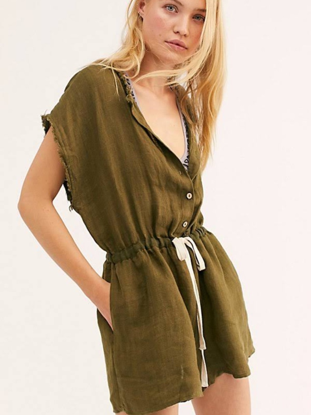 Free People 100% Linen Romper Olive Green Relaxed Boho M